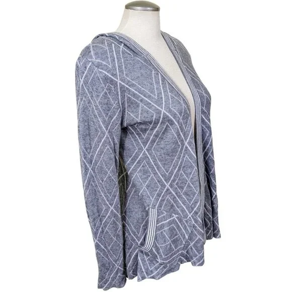 Belldini Open Front Hooded Cardigan Sweater Womens Size M Gray White Geo Print - Picture 6 of 8